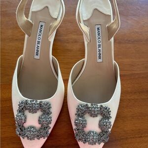 Manolo Blahnik Ivory Satin Heels with Crystal Embellishments
